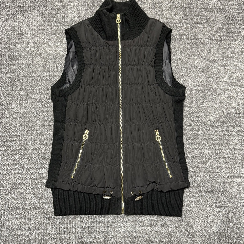 Calvin Klein Puffer Vest Women's Jacket Gold Zipper Quilted Small Black Zip Up